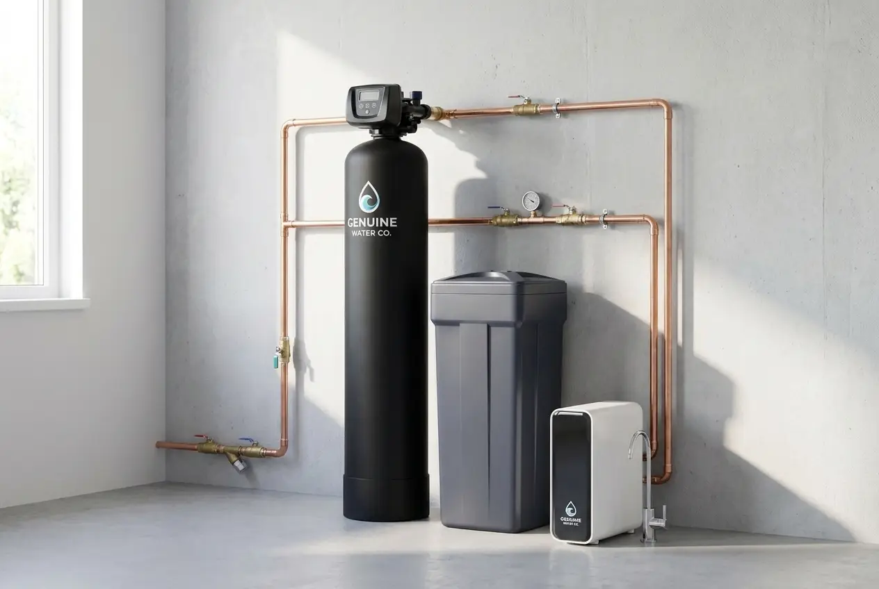The Complete System installed in a garage: Genuine Water Co. softener, brine tank, and reverse osmosis unit with copper piping