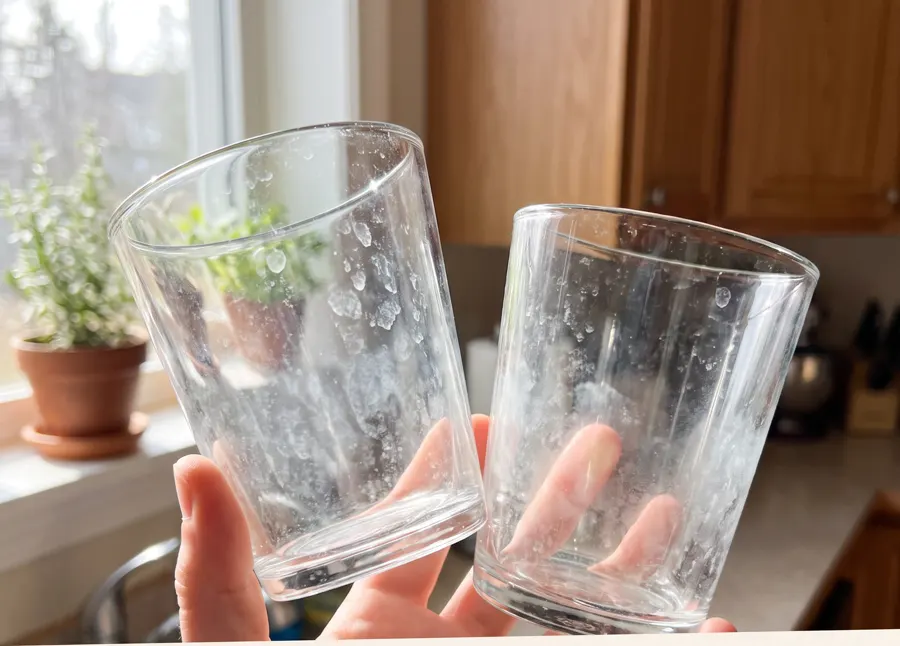 Cloudy, spotted drinking glasses held up to the light