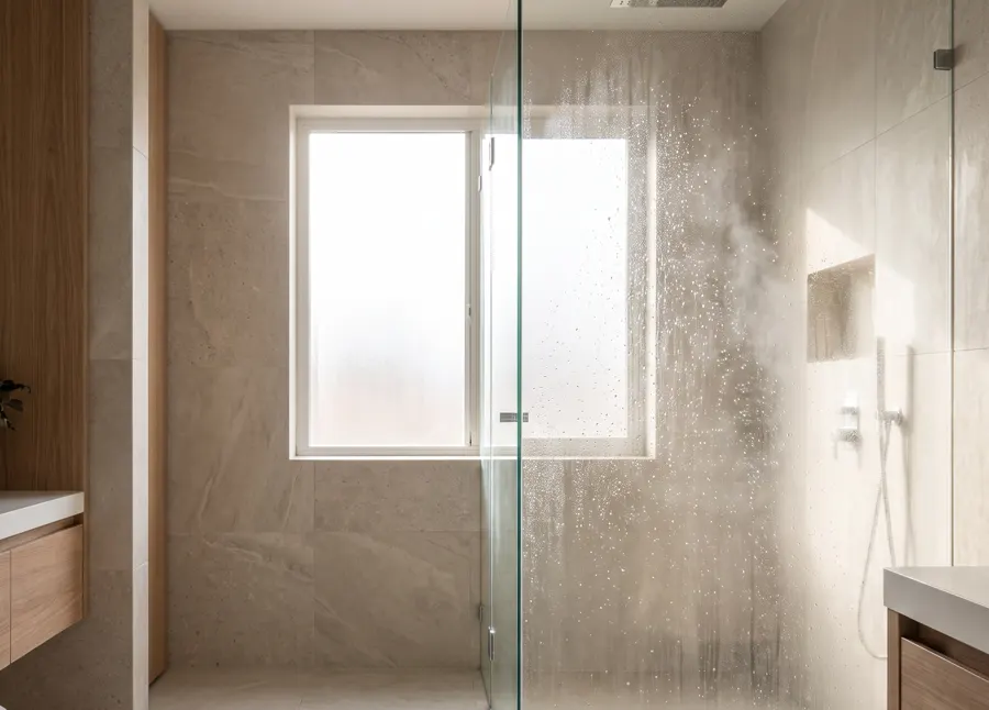 Bright tiled shower with a glass door