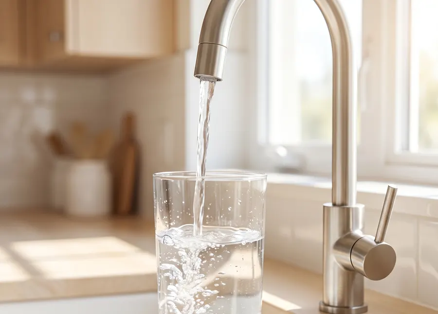 Glass being filled with clear water at a kitchen faucet