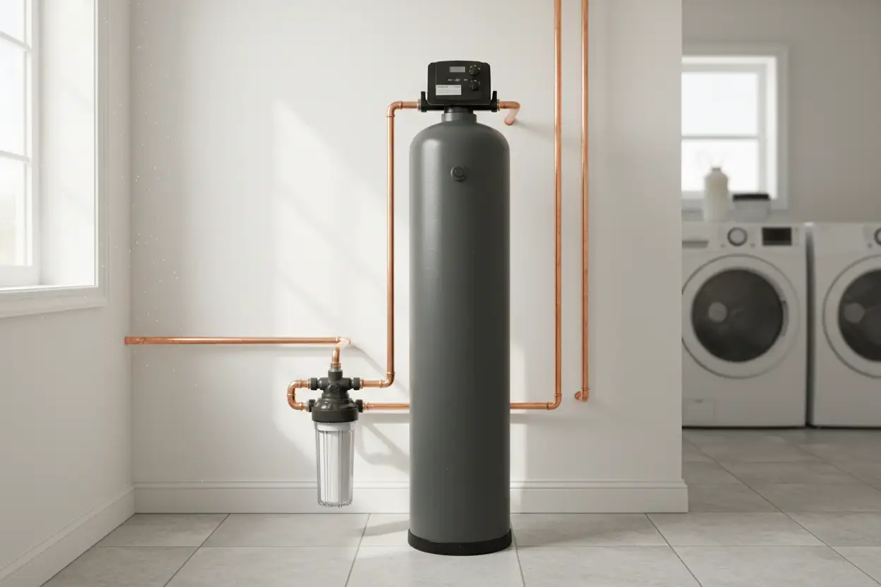 Carbon filtration tank installed in a home utility area
