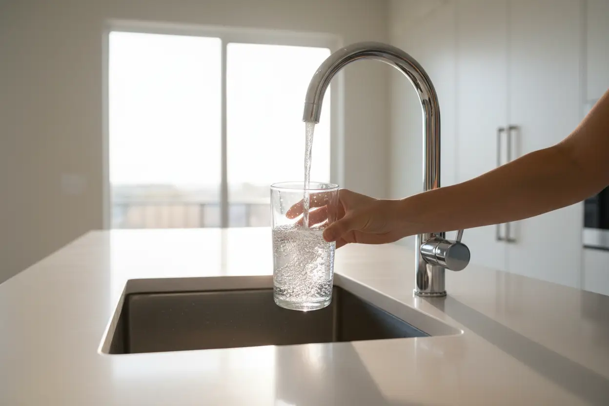 Glass of clean water being filled at a kitchen faucet