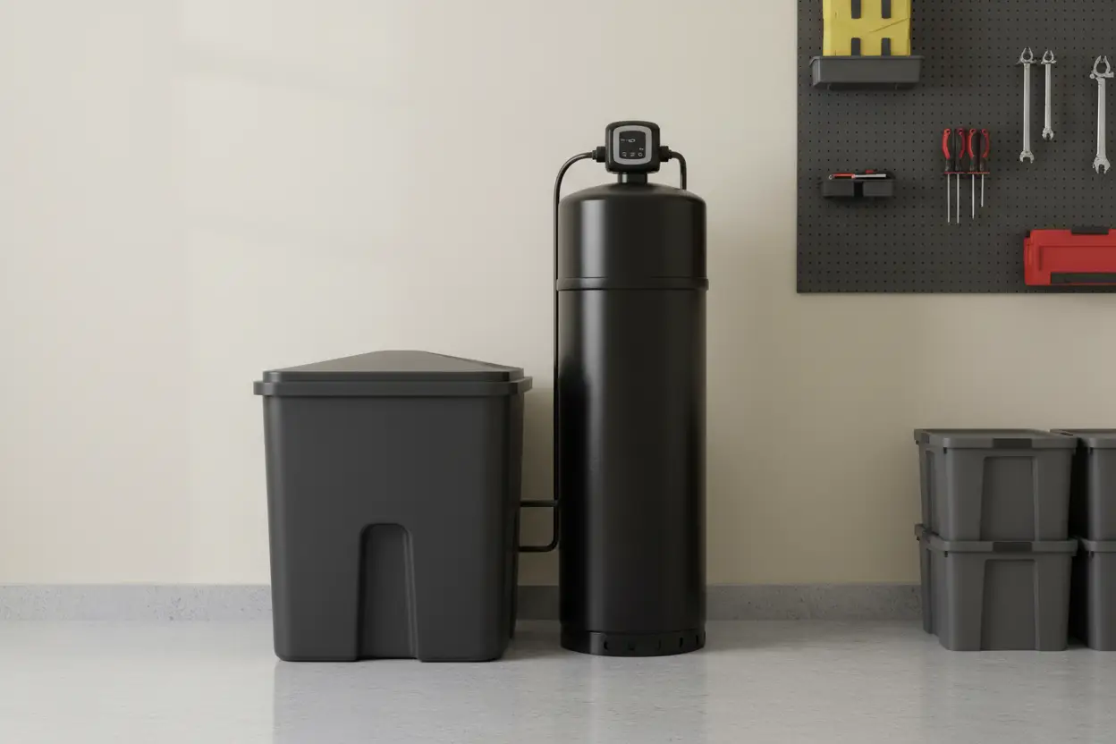 Water softener and brine tank installed in a garage
