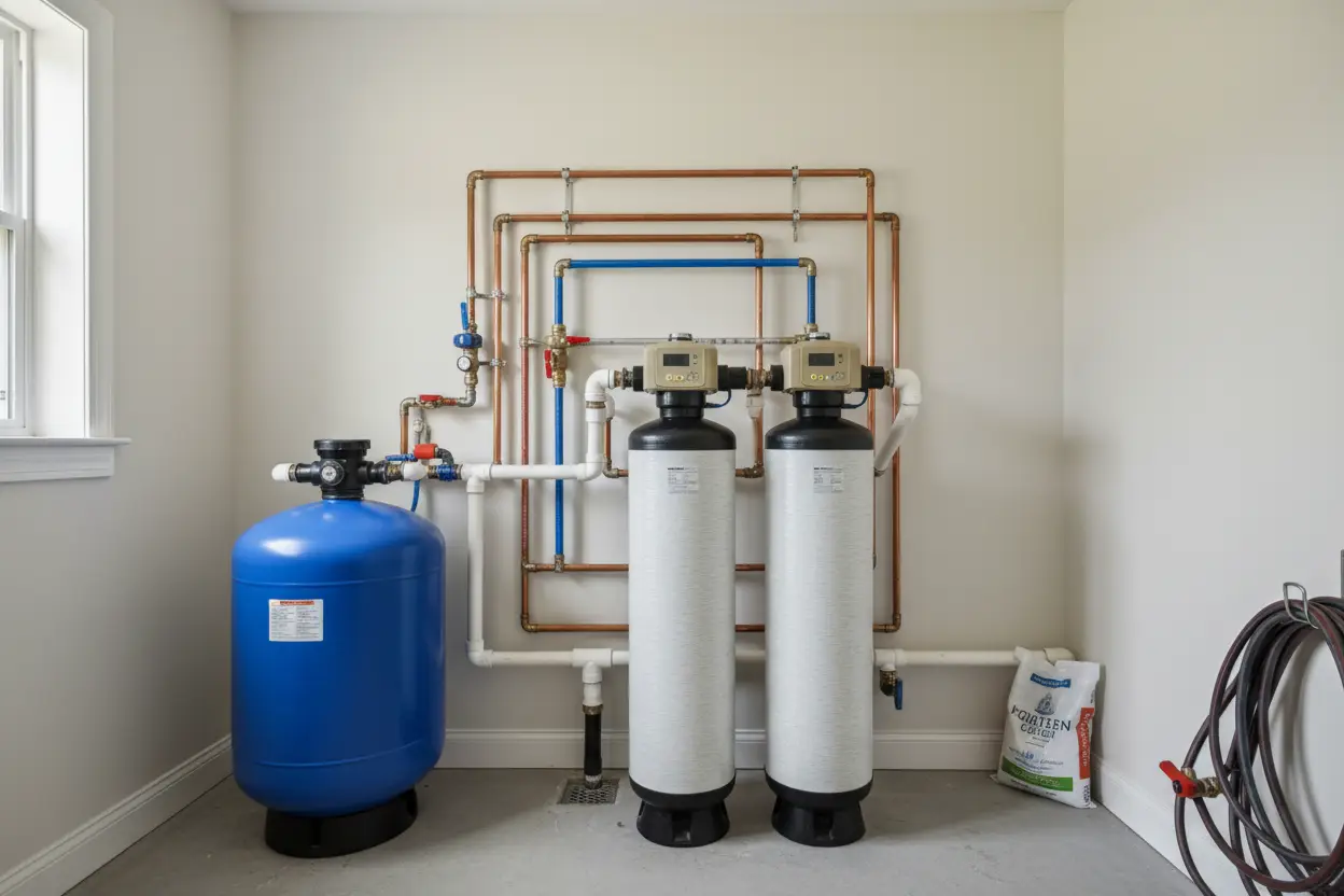 Well water treatment system with pressure tank in a utility room