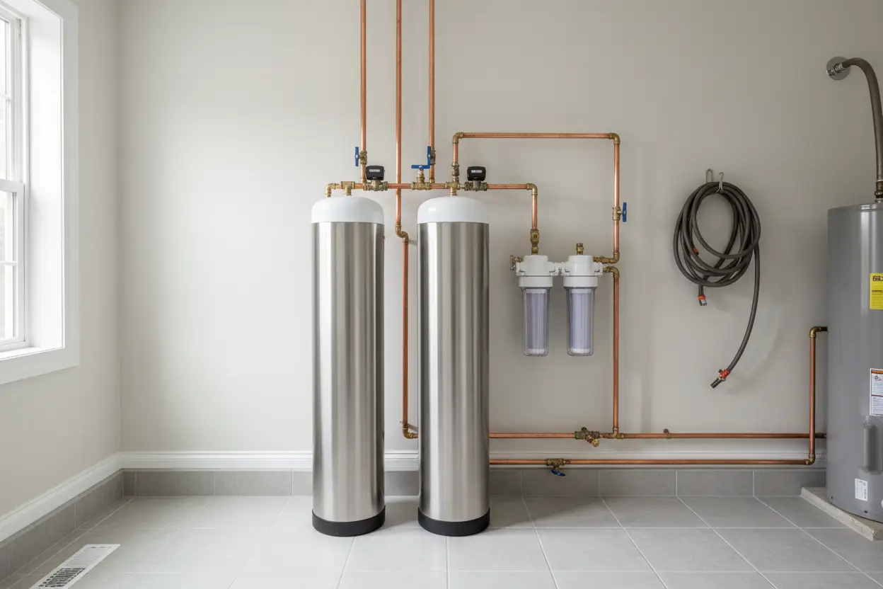 Whole-home water filtration tanks installed in a utility room